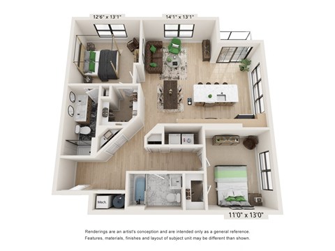 Floor plan for 2 beds, 2 baths, 1257 sqft